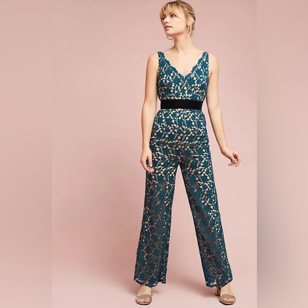Teal Lace Wide-Leg Jumpsuit with Black Waist - Picture 2 of 11